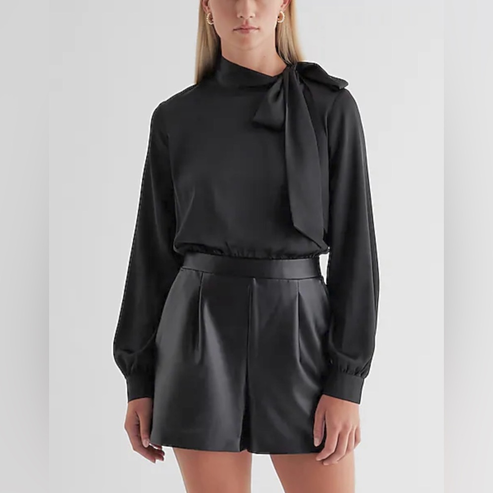 NWT Express Faux Leather Tie Neck Long Sleeve Romper